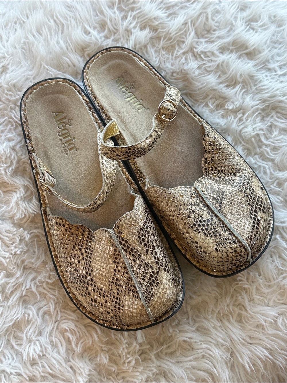 Alegria faux snake embossed leather slip on mules with strap size 42